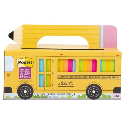 Post-it 3"x3" Super Sticky Notes Bus Cabinet Bright Colors 24 Pads/Pack