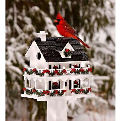 Plow & Hearth - Lighted Holiday Colonial Cottage Birdhouse and Wood Pole Set