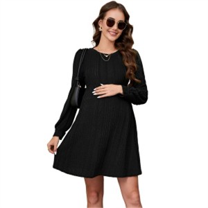 Clearlove Maternity Sweater Dress Puff Sleeve Crew Neck A-Line Swing Knit Dress Casual Loose Winter Pullover Sweater Midi Dresses - 1 of 4