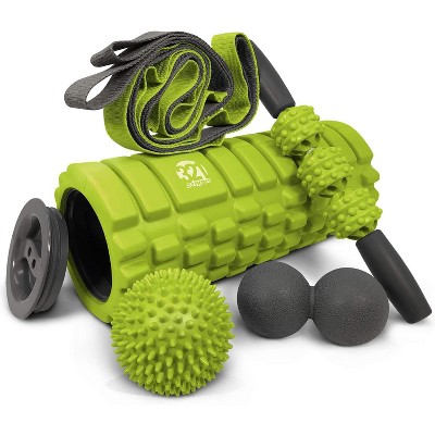 5 in 1 Foam Roller Set with Hollow Core Deep Tissue Massager, Muscle Roller Stick, Stretching Strap, Spikey Plantar Fasciitis Ball, and Car