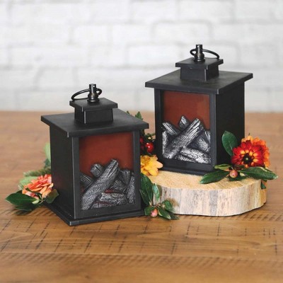 Tokyo Black Plastic LED Vintage Lantern Set with Fireplace Scene