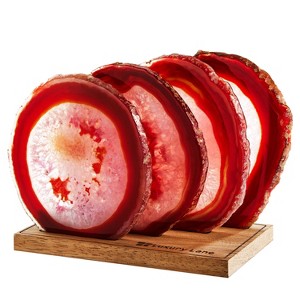 Luxury Lane Set of 4 Large Natural Brazilian Agate Slice Geode Rock Stone Drink Coasters with Wood Holder - 1 of 4