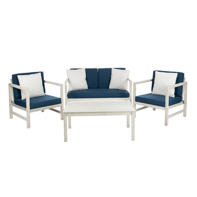 Montez 4pc Outdoor Set With Accent Pillows - White/Navy - Safavieh