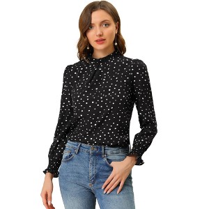 Allegra K Women's Smocked Cuffs Puff Sleeve Ruffled Neck Vintage Polka Dots Blouses - 1 of 4
