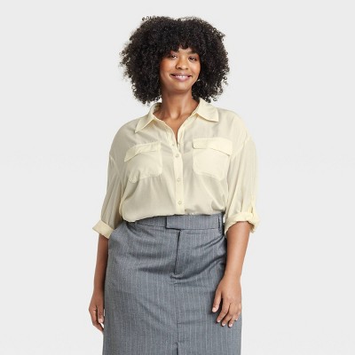 Women's Long Sleeve Button-Down Cropped Utility Shirt - A New Day™ Cream 4X