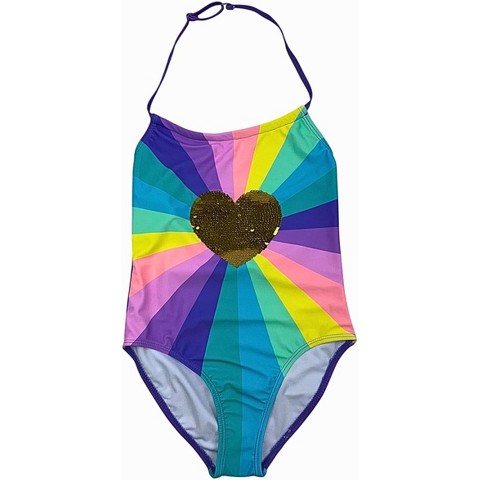 GO COCO Big Girls’ One Piece Halter Top Swimsuit, Rainbow/Sequin Heart, 8/10