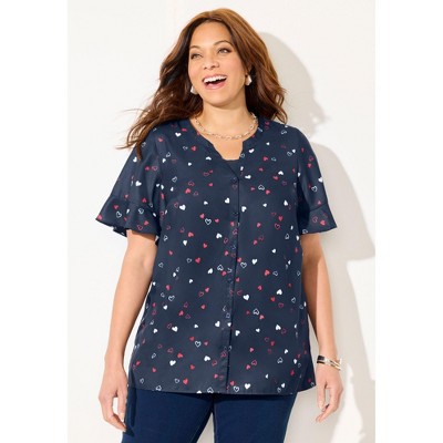 Catherines Women's Plus Size Isabella Romance Blouse - 1X, Navy Tossed Hearts