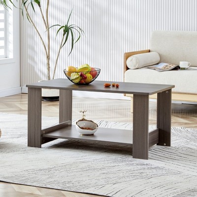CAVINAS Modern Rectangle Walnut Textured Coffee Table Side Table Display Stand with Storage Shelf for Offices