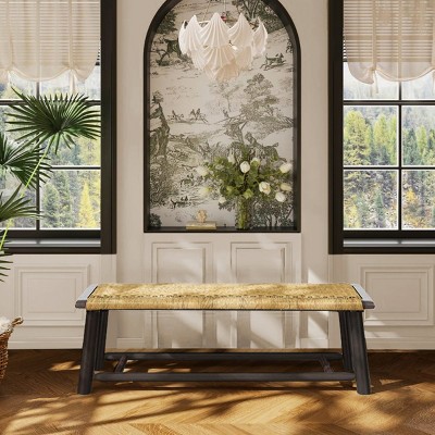 59" Farmhouse Solid Wood Rattan Bench, Dining Benche, Entryway Bench, Rustic Seating for Living Room, Bedroom-Maison Boucle