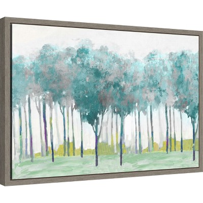 Teal and Silver Watercolor Trees Canvas Print with Gray Frame