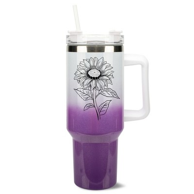 Elanze Designs 40 Ounce Ombre Travel Tumbler With Straw and Lid Stainless Steel Double Wall Insulated Joyful Sunflower White and Purple Glitter
