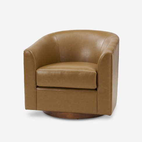 Jessie 30.5" Wide Modern Swivel Barrel Faux Leather Chair With Solid ...