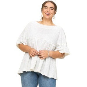 Slickblue Women's Pullover Top, Lace Hem Accent, 3/4 Sleeve Terry Blouse, Versatile Style, Charcoal, 1XL - 1 of 4