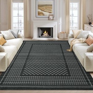 Large Machine Washable Living Room Rug Checkered Waffle Print Rug Non Slip Carpet Soft Non Shedding Low Pile Thin Stain Resistant Throw Rug - 1 of 4