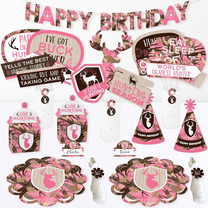 Big Dot of Happiness Pink Gone Hunting - Deer Hunting Girl Camo Happy Birthday Party Supplies Kit - Ready to Party Pack - 8 Guests, 1 of 7