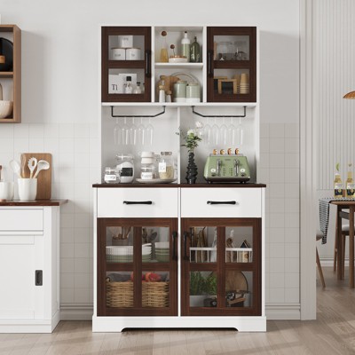 Buenhomino 71" Kitchen Pantry Cabinet with Power Outlet, Large Kitchen Storage Cabinet with Door & Shelves & 2 Drawers, Tall Farmhouse Hutch