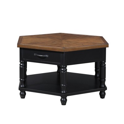 UPHA 36 Inch 2 Tier Retro Hexagon Living Room Solid Wood Coffee Table with Shelf & Drawer
