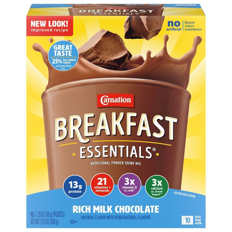 Carnation Breakfast Essentials Powder Drink Mix Packets Rich Milk Chocolate - 12.6floz/10ct, 1 of 11