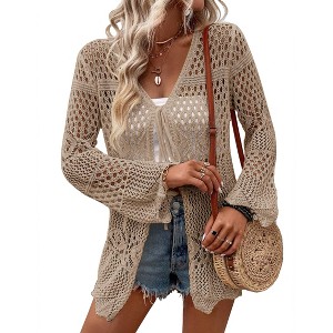 Women's Crochet Cardigan Light Weight Long Sleeve Tie Front Hollow Out Thin Cardigan - 1 of 4