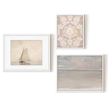 Americanflat 3 Piece Vintage Gallery Wall Art Set - Serene Seascape, Sailboat, Pink Silk Textile by Maple + Oak