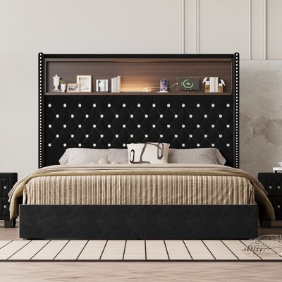 QingMoon Queen Size Velvet Upholstered Bed Frame, Wing-back Platform Bed with Rivet Decoration Headboard, USB Port and Storage for Bedroom