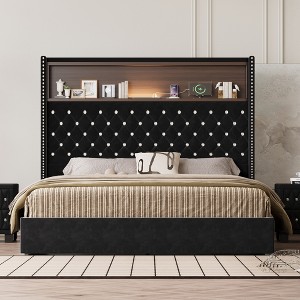 QingMoon Queen Size Velvet Upholstered Bed Frame, Wing-back Platform Bed with Rivet Decoration Headboard, USB Port and Storage for Bedroom - 1 of 4