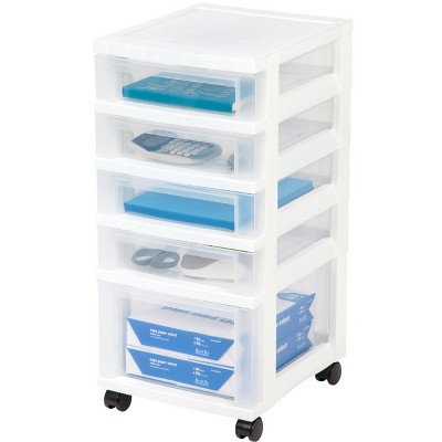 IRIS USA 5 Drawer Clear Plastic Drawer Cart Rolling Storage, White