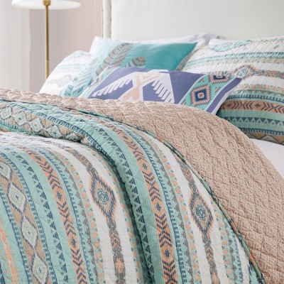 King Size Blue Southwestern Reversible Microfiber Quilt Set