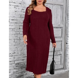 Women's Plus Size Sweater Dress Square Neck Long Sleeve Casual Fall Winter Tunic Knit Midi Dress - 1 of 4