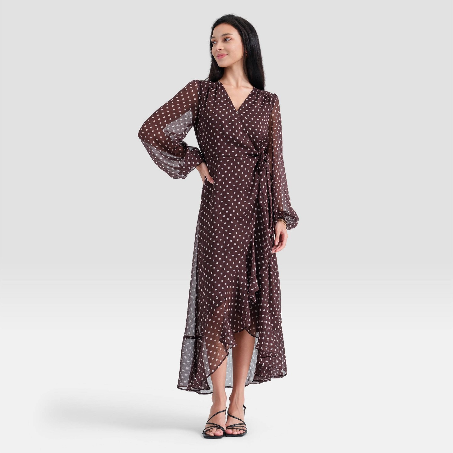 Женское платье A New Day Balloon Long Sleeve Maxi Wrap, цвет: Коричневый — фото 3