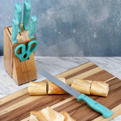 Teal Handle 7-Piece Stainless Steel Knife Set with Wood Block
