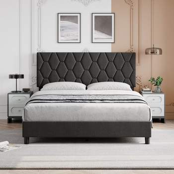 Whizmax Bed Frame Upholstered Platform with Headboard and Strong Wooden Slats, Non-Slip and Noise-Free,No Box Spring Needed, Easy Assembly, Gray