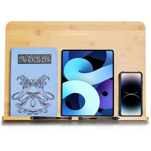 Bamboo Book Stand, Adjustable Book Holder Tray & Page Paper Clips, Portable Stable Bookstand for Textbooks & Cookbooks - 1 of 4