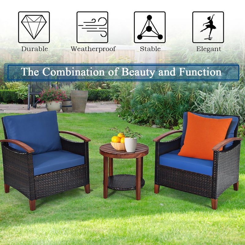 Costway 3PCS Patio Rattan Furniture Set Wooden Frame Cushion Table Shelf Red\Beige\Blue, 4 of 13