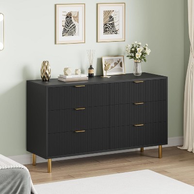 Garvee Modern 6 Drawer Dresser with Gold Handle and Large Drawer, Wood Double Chest of Drawers and Storage Organizer for Bedroom,Living Room