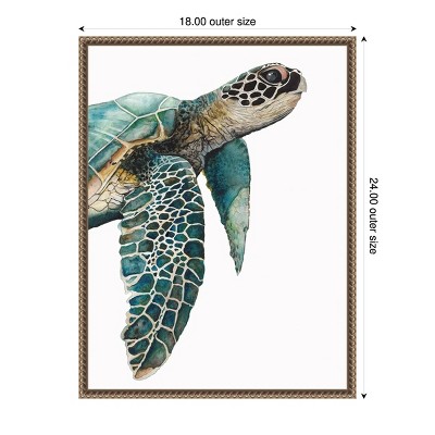 Great Sea Turtle Lithograph on Canvas with Brown and Gold Frame