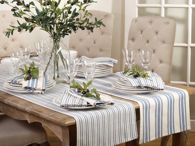 Blue Cotton Striped Coastal Table Runner, 16"x72"