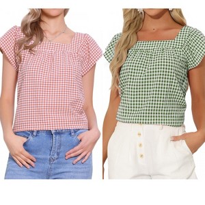 INSPIRE CHIC Women's Summer Square Neck Gingham Cap Sleeve Blouses 2 Packs - 1 of 4