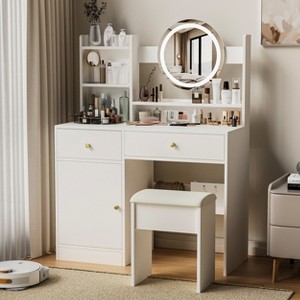 KTMBDW Vanity Desk with Mirror and Lights, Makeup Vanity with Drawer & Storage Shelves, Cabinet, 3 Lighting Modes Adjustable Brightness,Dressing Table - 1 of 4