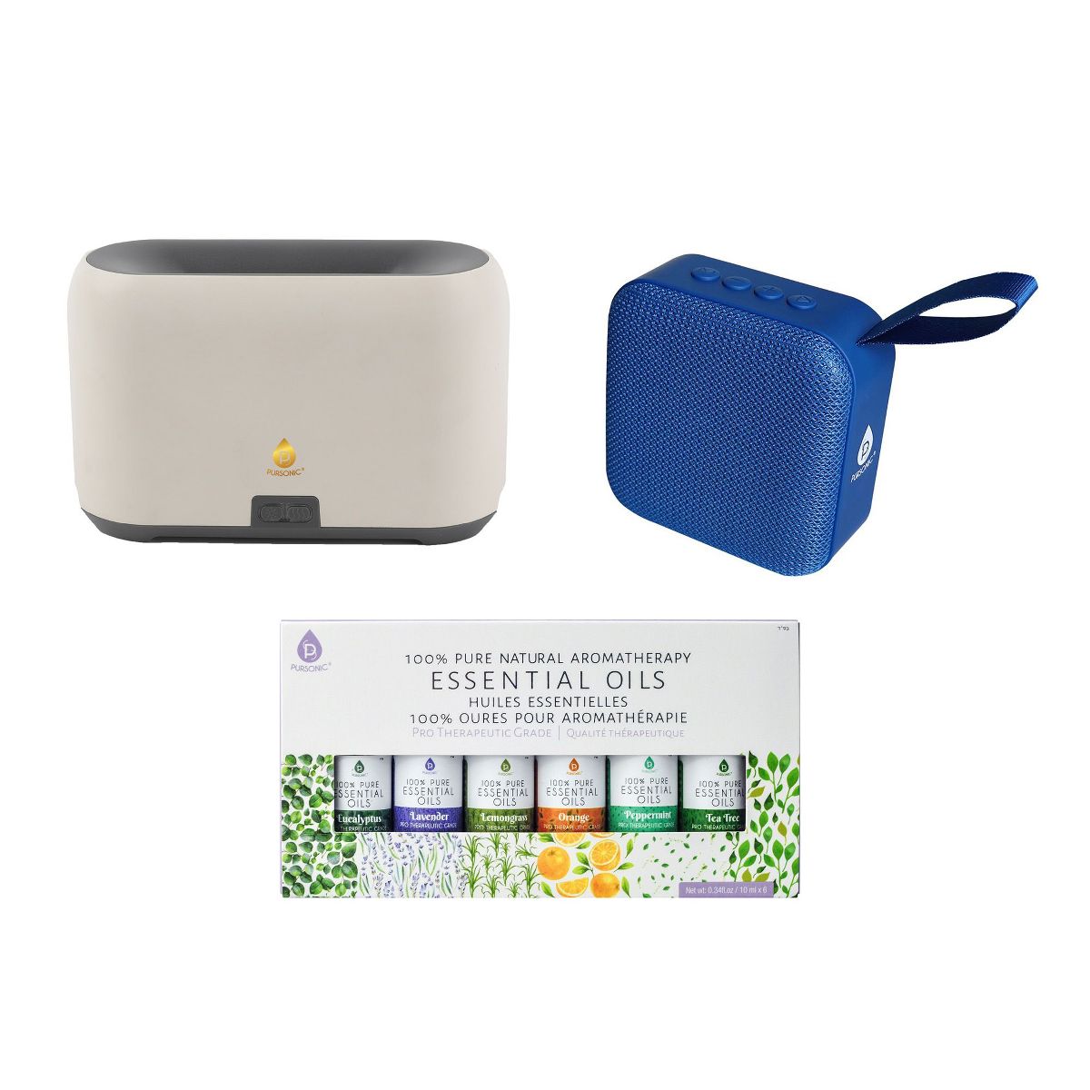 FlameGlow Aromatherapy Diffuser, Pursonic 6-Pack Essential Oils & Portable 360° Hi-Res Wireless Speaker