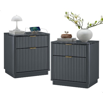 SinCiDo Modern 23"Fluted Nightstands Set of 2 with Charging Station, 2 Storage Drawers Bedside Tables for Bedroom, Living Room