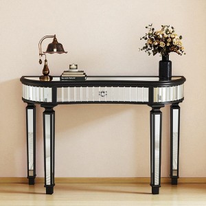 Mshliw Half-Moon Mirrored Console Table with Fluted Glass Panels and Crystal Knob Drawer, Dining Table, 47" Entryway Vanity Desk - 1 of 4