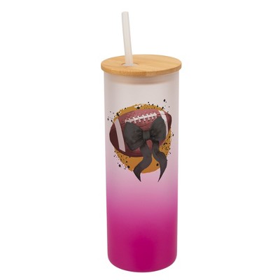 Elanze Designs 25 Ounce Frosted Glass Gradient Travel Tumbler With Straw and Wooden Lid, Football With Black Bow Pink