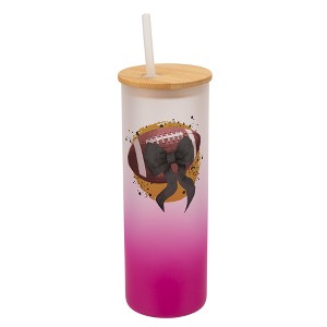 Elanze Designs 25 Ounce Frosted Glass Gradient Travel Tumbler With Straw and Wooden Lid, Football With Black Bow Pink - 1 of 1