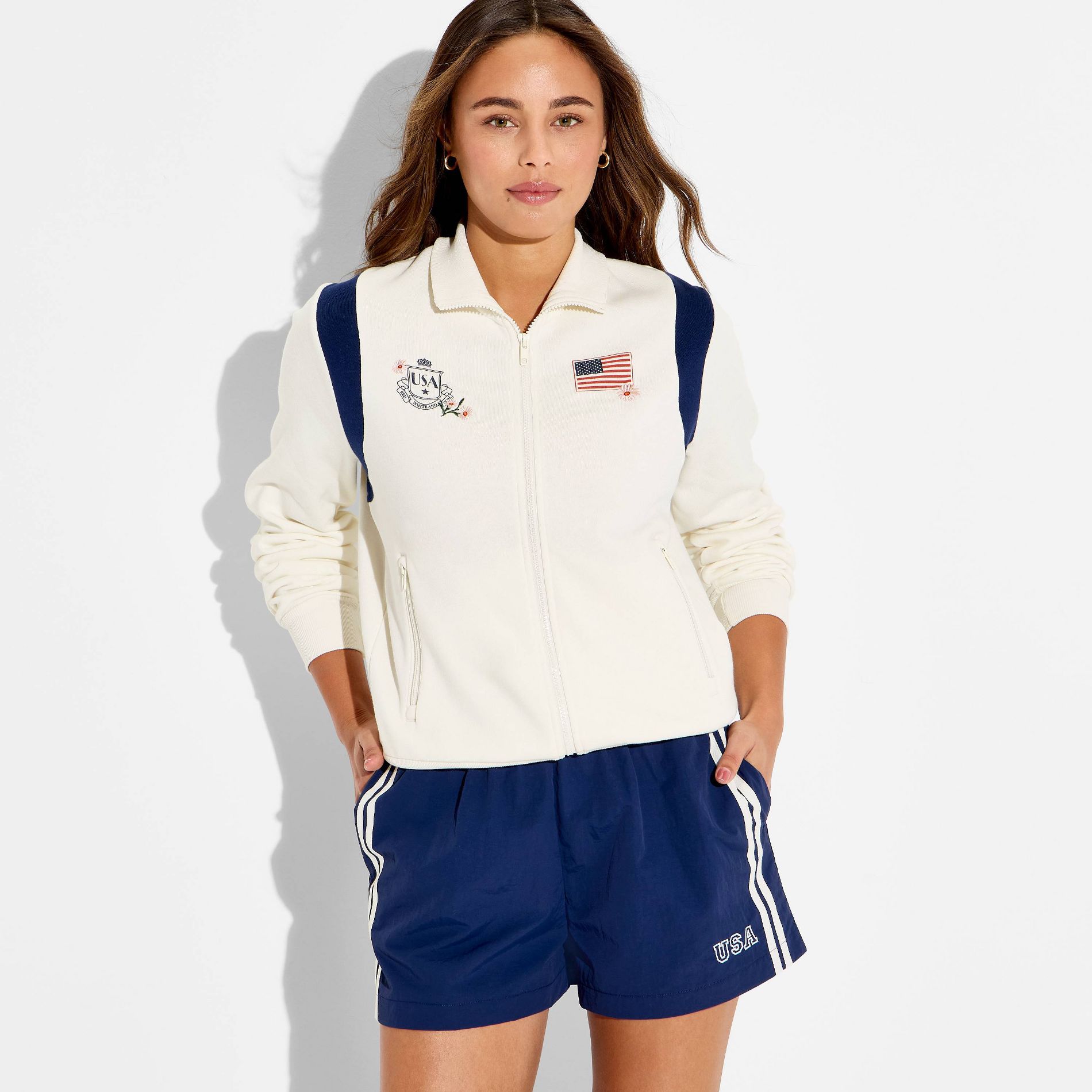 Women's USA Fleece Graphic Athletic Zip-Up Sweatshirt - White