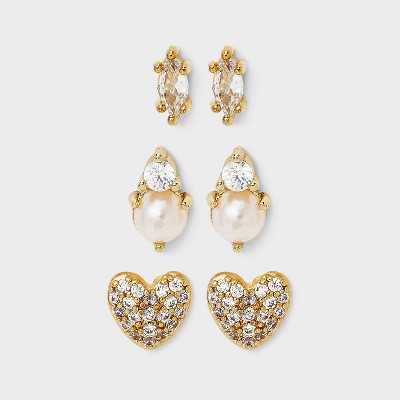 14K Gold Dipped Cubic Zirconia Heart Pearl Stud Earring Set 3pc - A New Day™ Gold/Ivory