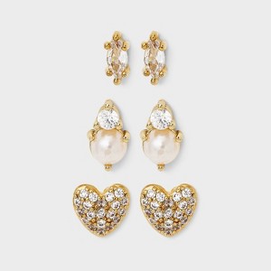 14K Gold Dipped Cubic Zirconia Heart Pearl Stud Earring Set 3pc - A New Day™ Gold/Ivory - 1 of 3