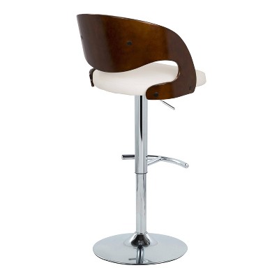 Set of 2 White Faux Leather and Cherry Wood Adjustable Swivel Barstools