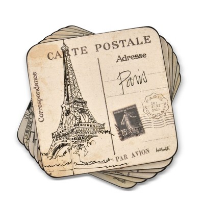 Postcard Sketches Coasters - Set of 6 Square Cork Backed Drink Coasters with Travel-Inspired Illustrations - Heat & Stain Resistant Surface Protectors