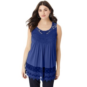Roaman's Women's Plus Size Illusion Lace Bib Tank - 1 of 4